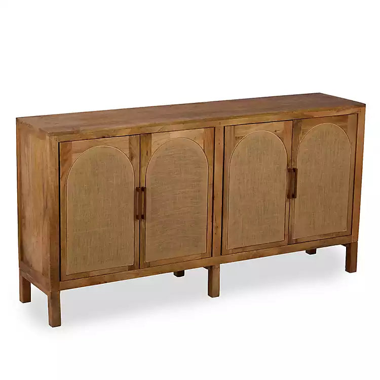 New! Bennett Natural Wood and Burlap 4 Door Cabinet
