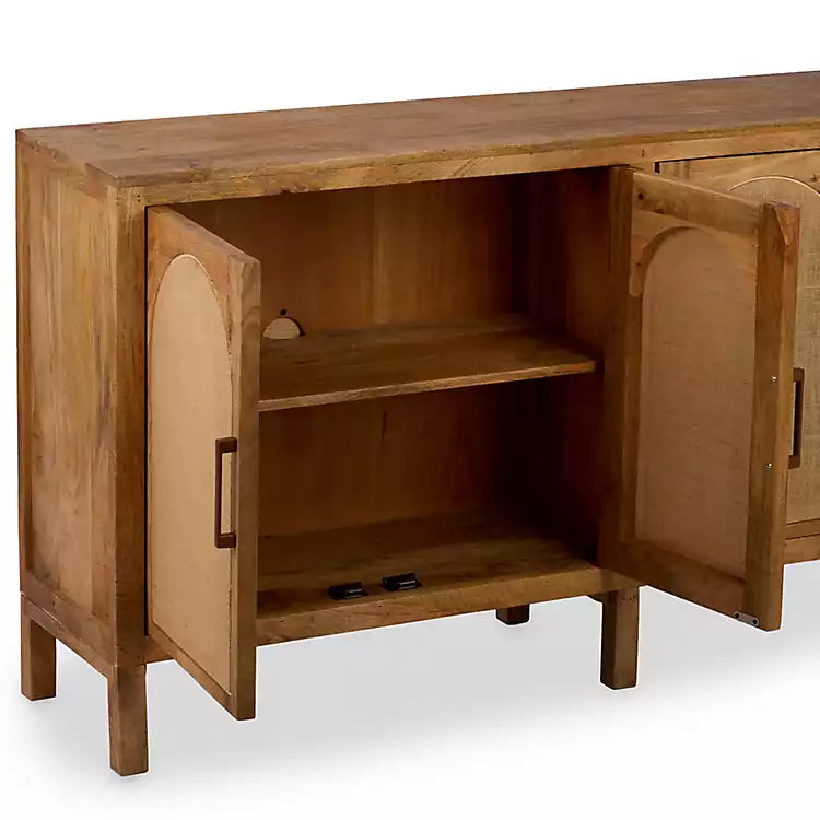 New! Bennett Natural Wood and Burlap 4 Door Cabinet