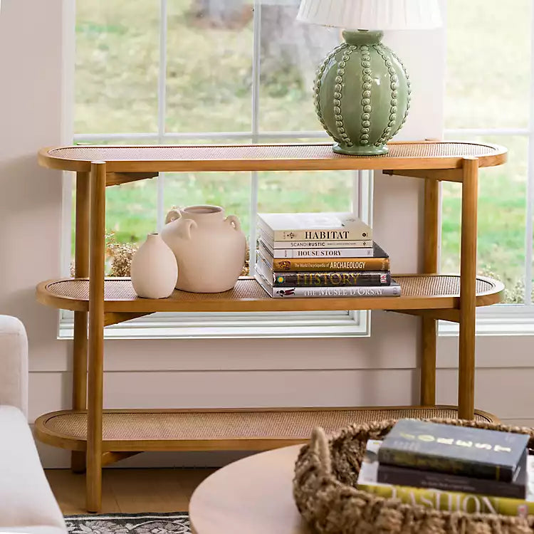 New! Wood and Rattan 3-Tier Simone Console Table